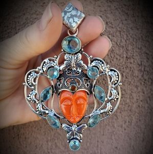 New Carved Goddess Face Blue Topaz & Peridot Silver Pendant.